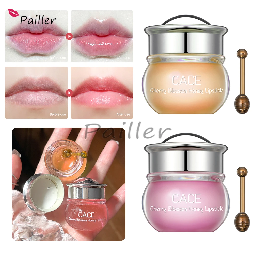 

1Pcs Pink Cherry Blossom Honey Moisturizing Lip Mask Peach Natural Unisex Lip Oil Nourishing Fade Lip Lines Lip Care With Spoon