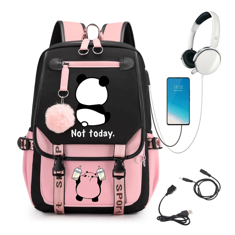 

Teenager Girls School Bag Wonen Bags Usb Port School Bag Student Shoulder Bag Not Today Panda Kawaii Laptop Backpack Bag Mochila