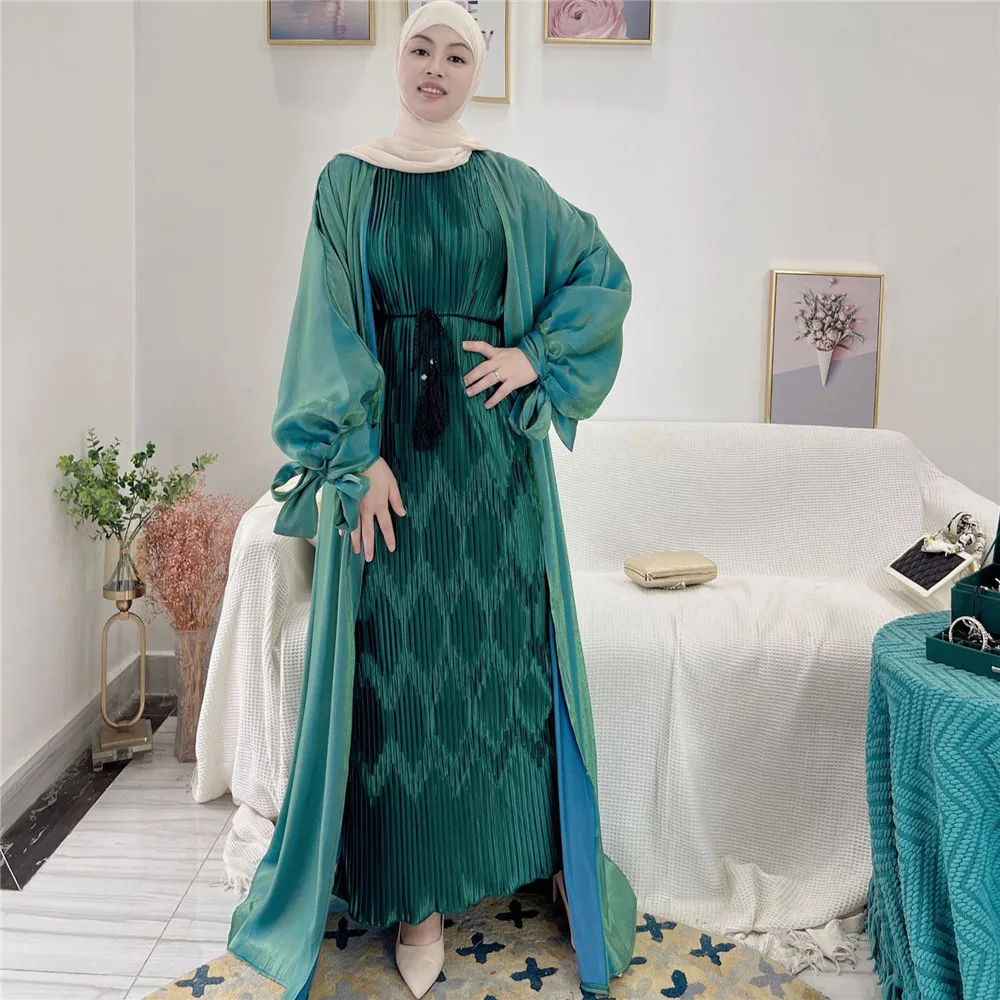 

Muslim Prayer Dress Open Abaya Shiny Turkish Indian Clothing Women Puff Sleeve Female Dress Arab Abaya Moroccan Kaftan Jellabiya
