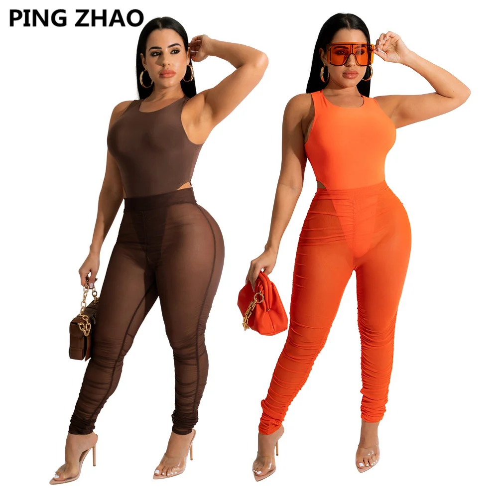 PING ZHAO Sexy Women Set Sleeveless Bodysuit Mesh See Though Ruched Pants Tracksuit Two Piece Set Fitness Outfits
PING ZHAO Sexy Women Set Sleeveless Bodysuit Mesh See Though Ruched Pants Tracksuit Two Piece Set Fitness Outfits