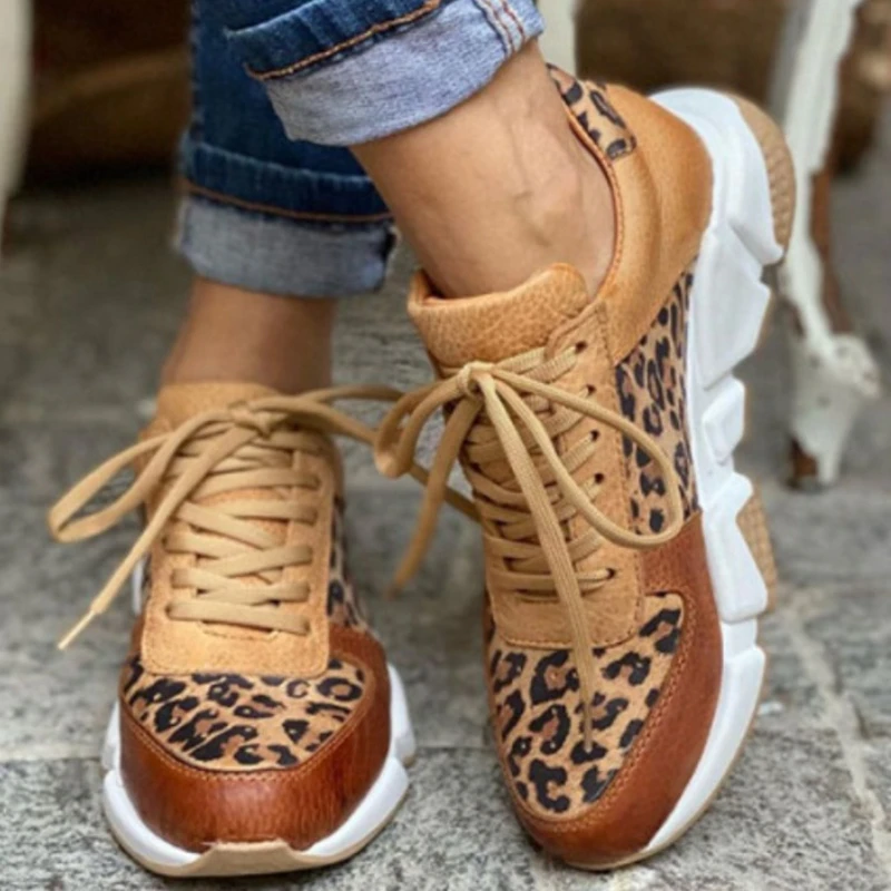 

Leopard Print Sneakers Autumn Thick Sole Round Toe Women's Large Size Lace Up Vulcanized Shoes Zapatos Deportivos Para Mujer