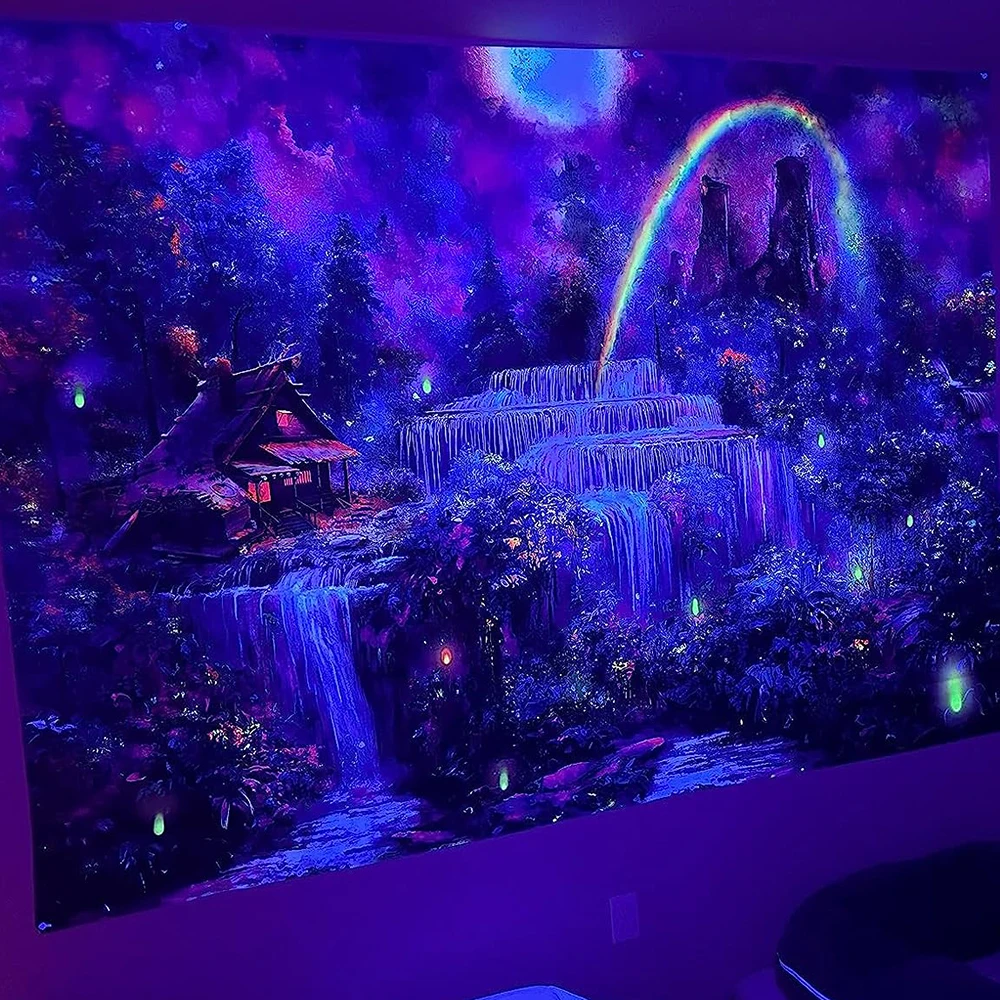 

Blacklight Tapestry Wall Hanging UV Reactive Fantasy Forest Waterfall Rainbow Jungle Plants Wall Decor Nature Landscape Backdrop