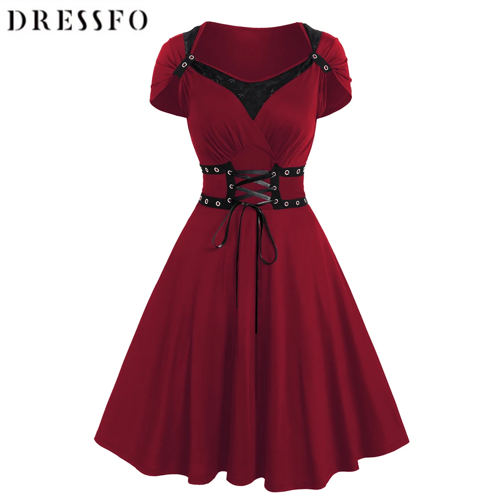 

Women Dress Gothic Dress Solid Color Grommet Lace Up Lace Panel High Waisted Dress Surplice A Line Mini Fashion Dress