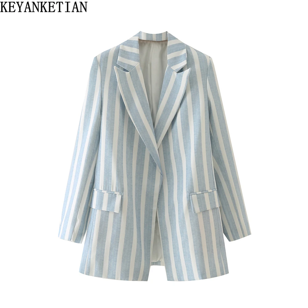 KEYANKETIAN women's blue and white striped suit spring and autumn commuter style slim fit and thin buttonless long coat top
KEYANKETIAN women's blue and white striped suit spring and autumn commuter style slim fit and thin buttonless long coat top
