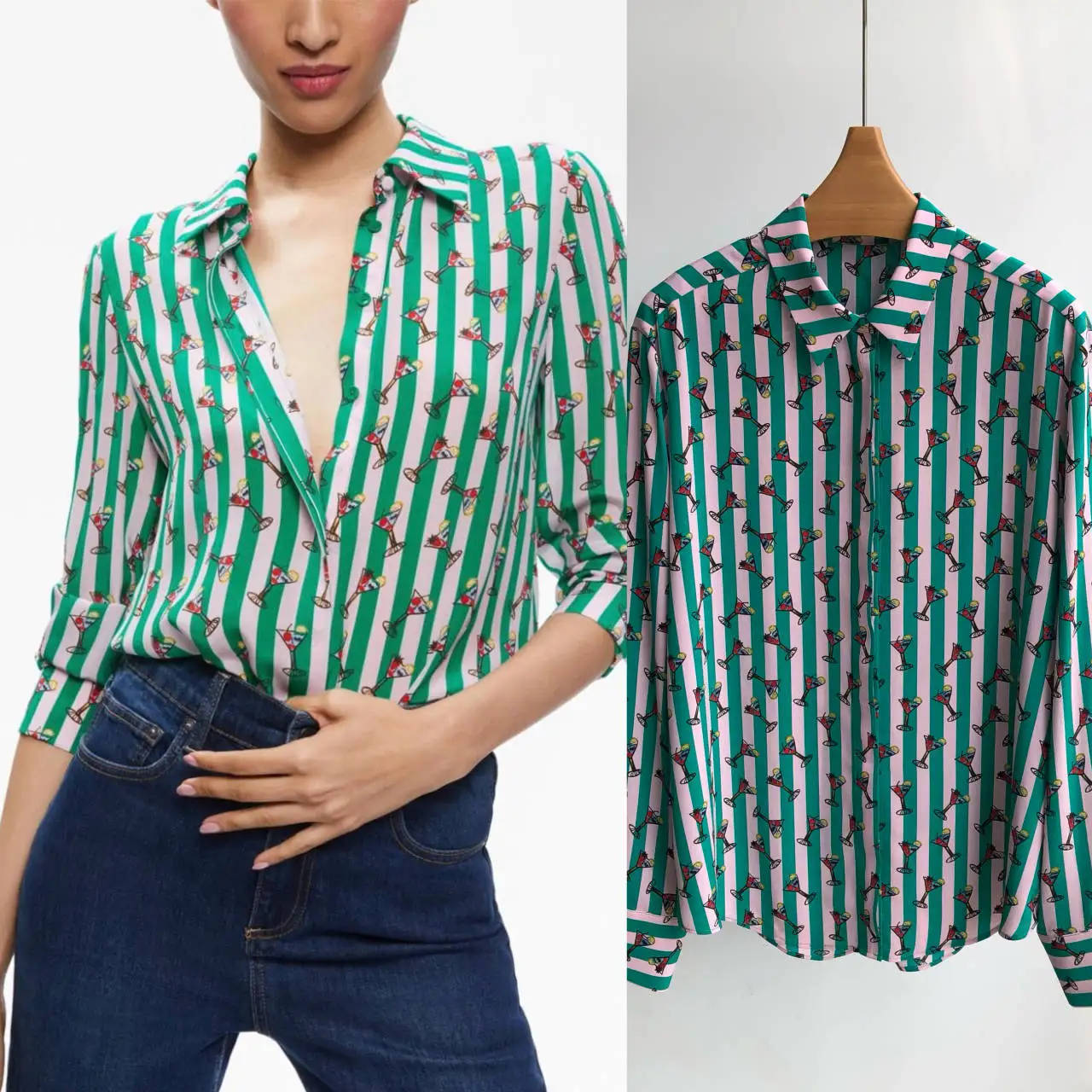 New Women Wine Glass Printed Contrast Color Striped Shirt 2023 Autumn Long Sleeve Blouse Ladies Single Breasted 100% Silk Tops
New Women Wine Glass Printed Contrast Color Striped Shirt 2023 Autumn Long Sleeve Blouse Ladies Single Breasted 100% Silk Tops
