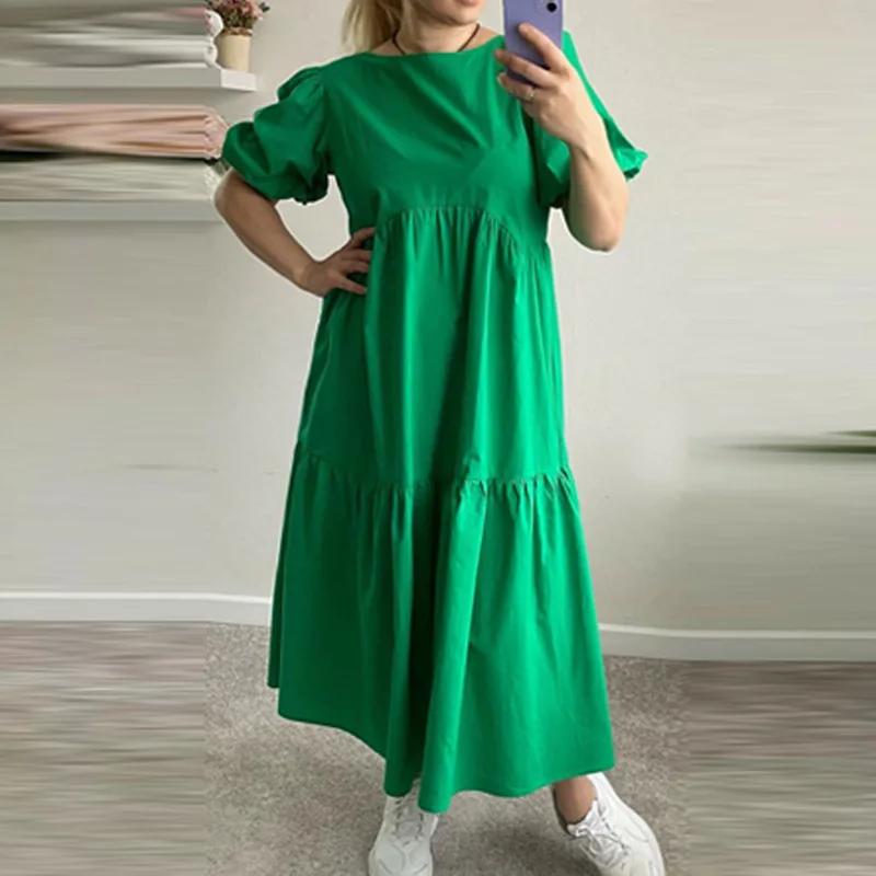 

Платье Wepbel женское с коротким рукавом, повседневное свободное однотонное прямое длинное, с оборками, с круглым вырезом, средней длины, на лето
