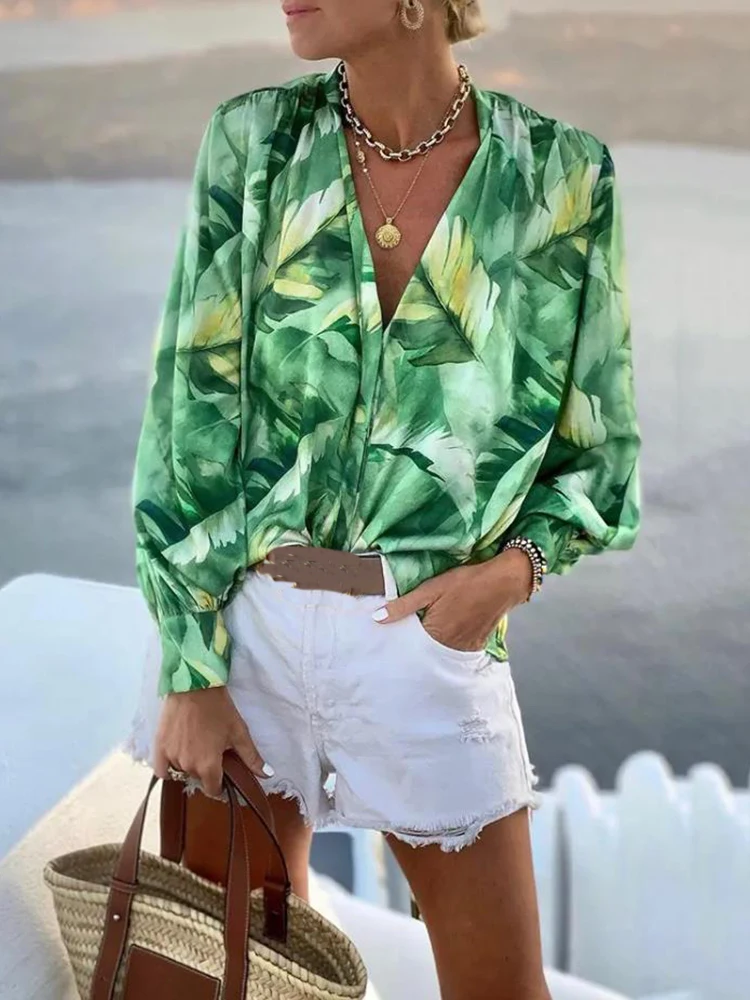 Женские Элегантные блузки модный зеленый топ с тропическим принтом и