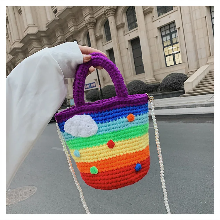 Ladies Knitted Shoulder Bags Bucket Shape Rainbow Strap Cute appearance Removable Beaded Diagonal Strap Lady Daily Travel Totes
Ladies Knitted Shoulder Bags Bucket Shape Rainbow Strap Cute appearance Removable Beaded Diagonal Strap Lady Daily Travel Totes