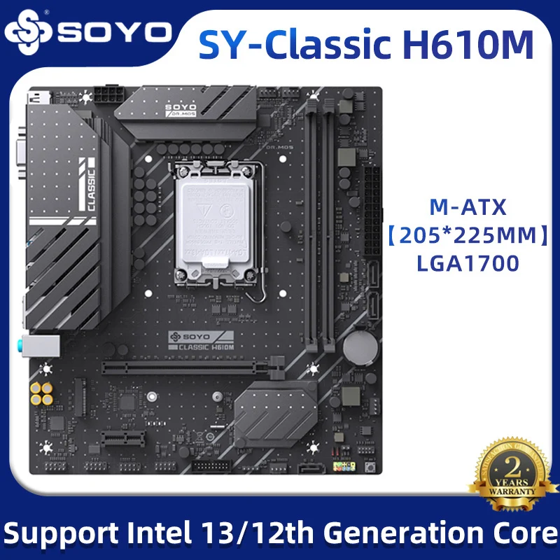 Материнская плата SOYO Classic H610M USB3.2 M.2 PCIE4.0x16 LGA1700 поддерживает Inter 13/12 Gen Core (12400F/13400F/13600K), материнская плата
Материнская плата SOYO Classic H610M USB3.2 M.2 PCIE4.0x16 LGA1700 поддерживает Inter 13/12 Gen Core (12400F/13400F/13600K), материнская плата