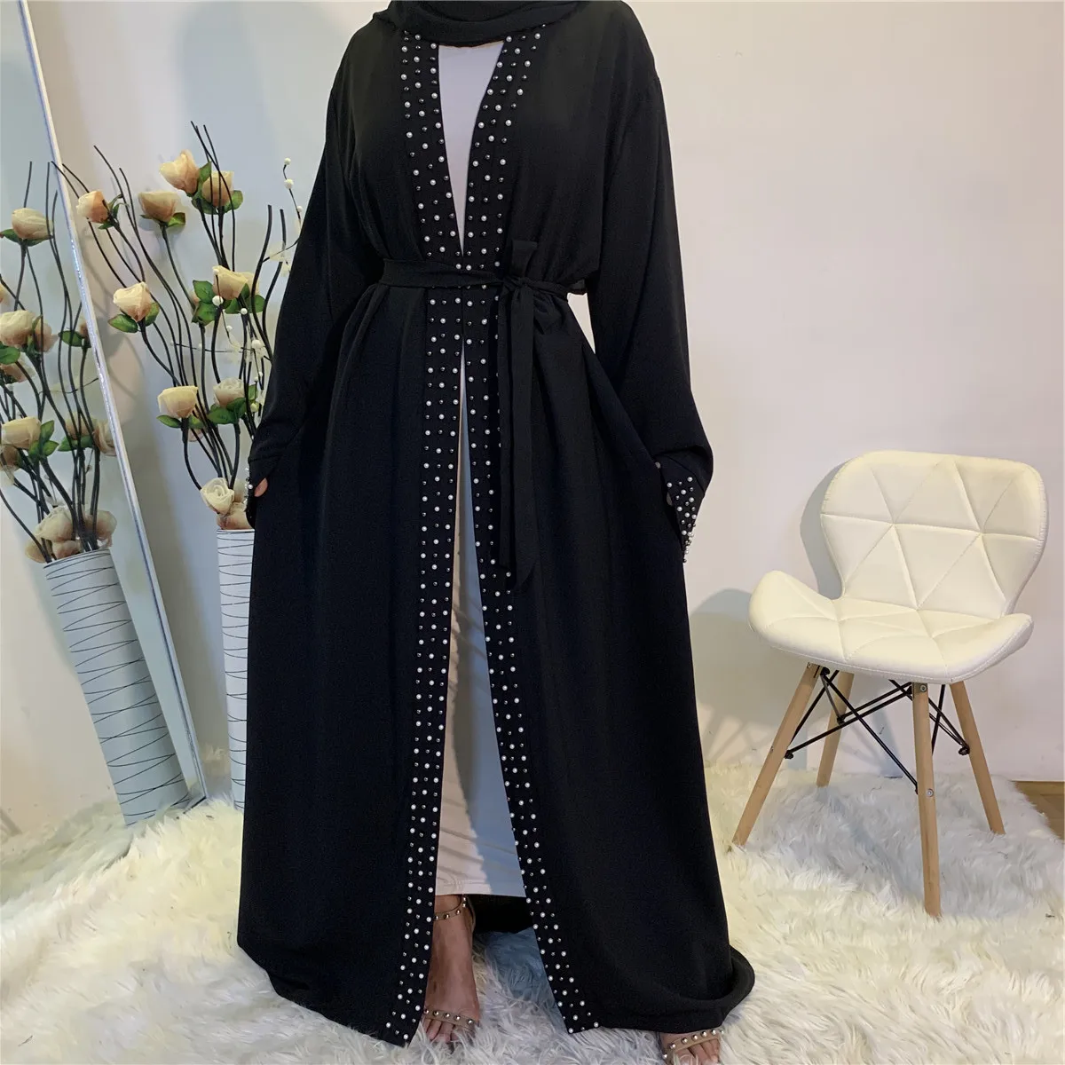 

Latest Muslim Abayas for Women Islamic Fashion Pearls Kimono Robe Modest Dress Long Elegant Cardigans Front Open Abaya 2023