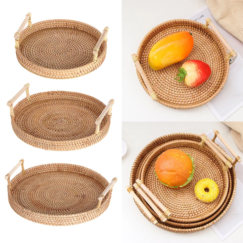 

Rattan Handwoven Round Tray With handle Fruit Basket Food Storage High Wall Severing Platters For Breakfast Drink Snack Coffee