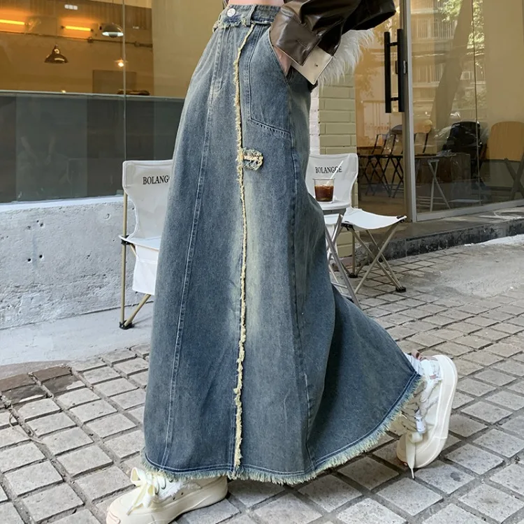 Женская джинсовая юбка-годе средней длины, голубая трапециевидная юбка с высокой талией в американском стиле, модель Y2k на весну, 2023 
Женская джинсовая юбка-годе средней длины, голубая трапециевидная юбка с высокой талией в американском стиле, модель Y2k на весну, 2023