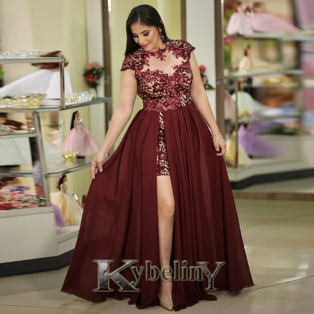 

Kybeliny Burgundy Prom Dresses High Low Slit Cap Sleeves For Women Formal Lace Evening Gowns Vestido De Fiesta Custom Made