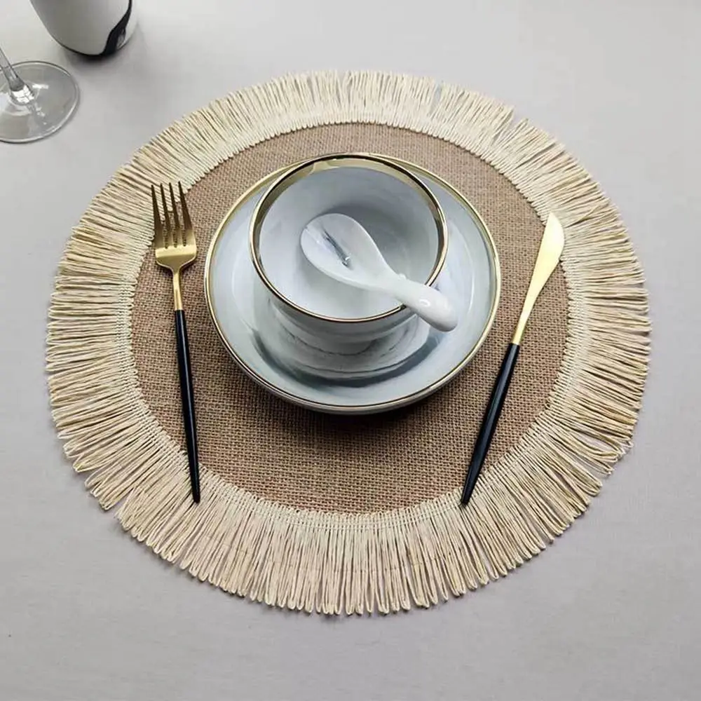 

1Pcs Jute Placemats for Dining Table, Simple Fringe Round Shape Table Mat Environmental Protection Heat Insulation Non-slip Mat