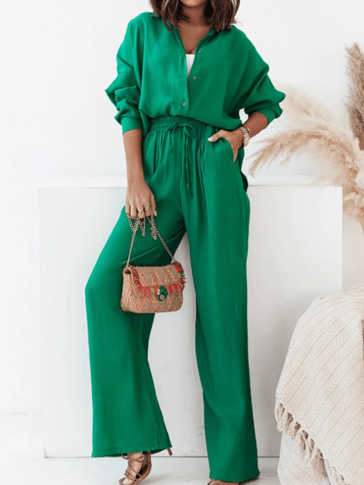 Spring Fashion Lapel Button Shirt and Wide Leg Pants Suit Office Elegant Solid Color Suit Women Casual Long Sleeve 2 Piece Set
Spring Fashion Lapel Button Shirt and Wide Leg Pants Suit Office Elegant Solid Color Suit Women Casual Long Sleeve 2 Piece Set