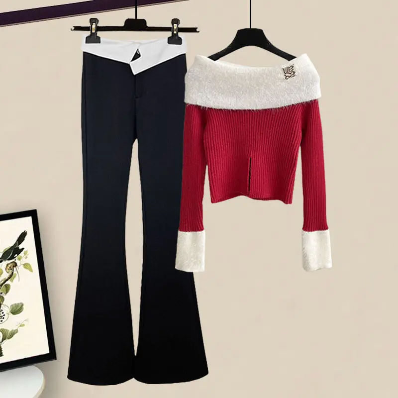

Женский трикотажный комплект из 2 предметов, Повседневный свитер с длинным рукавом, укороченный топ, расклешенные брюки с высокой талией, эластичный подходящий костюм