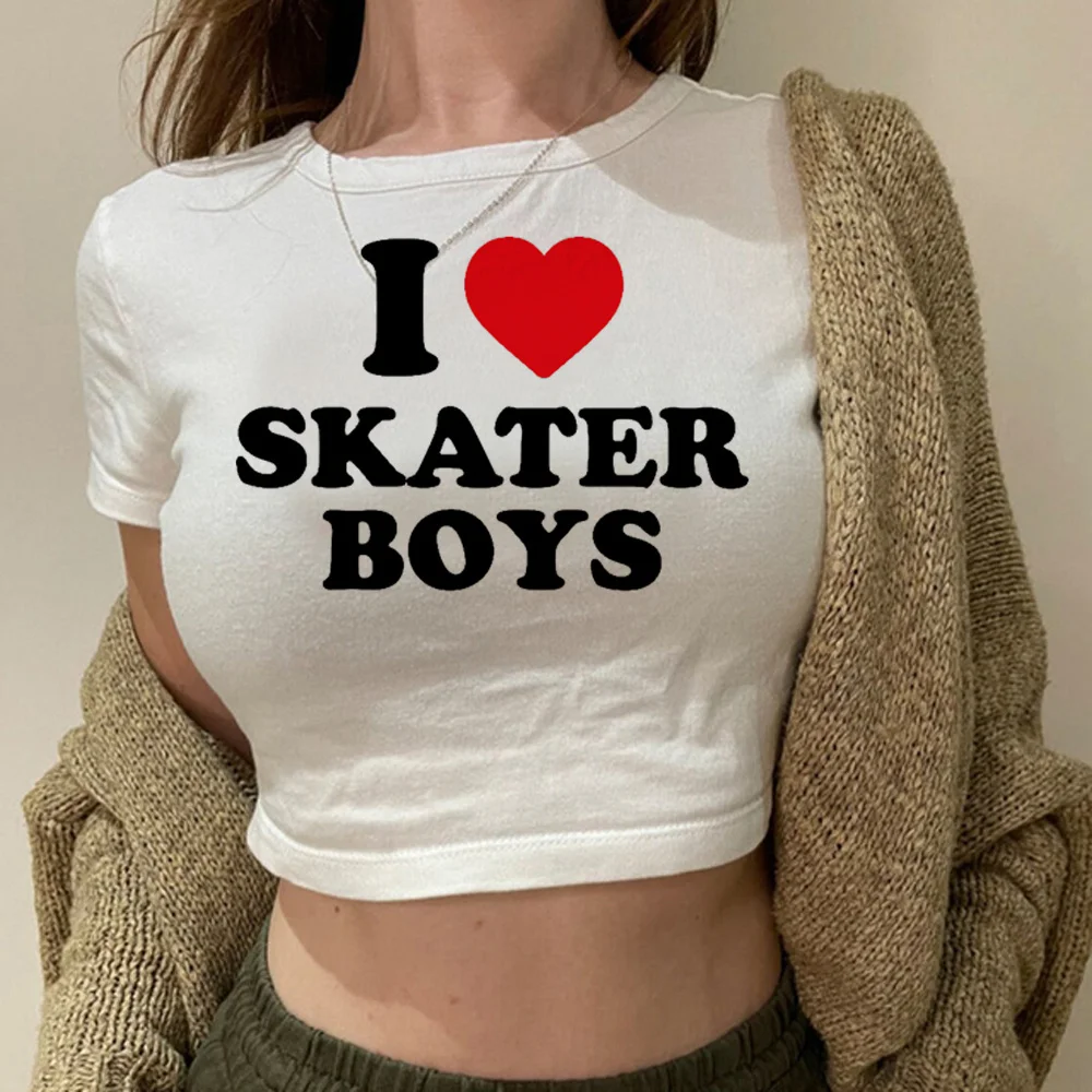 

i love skater boys aesthetic 90s goth crop top Female 2000s gothic 90s cropped clothes