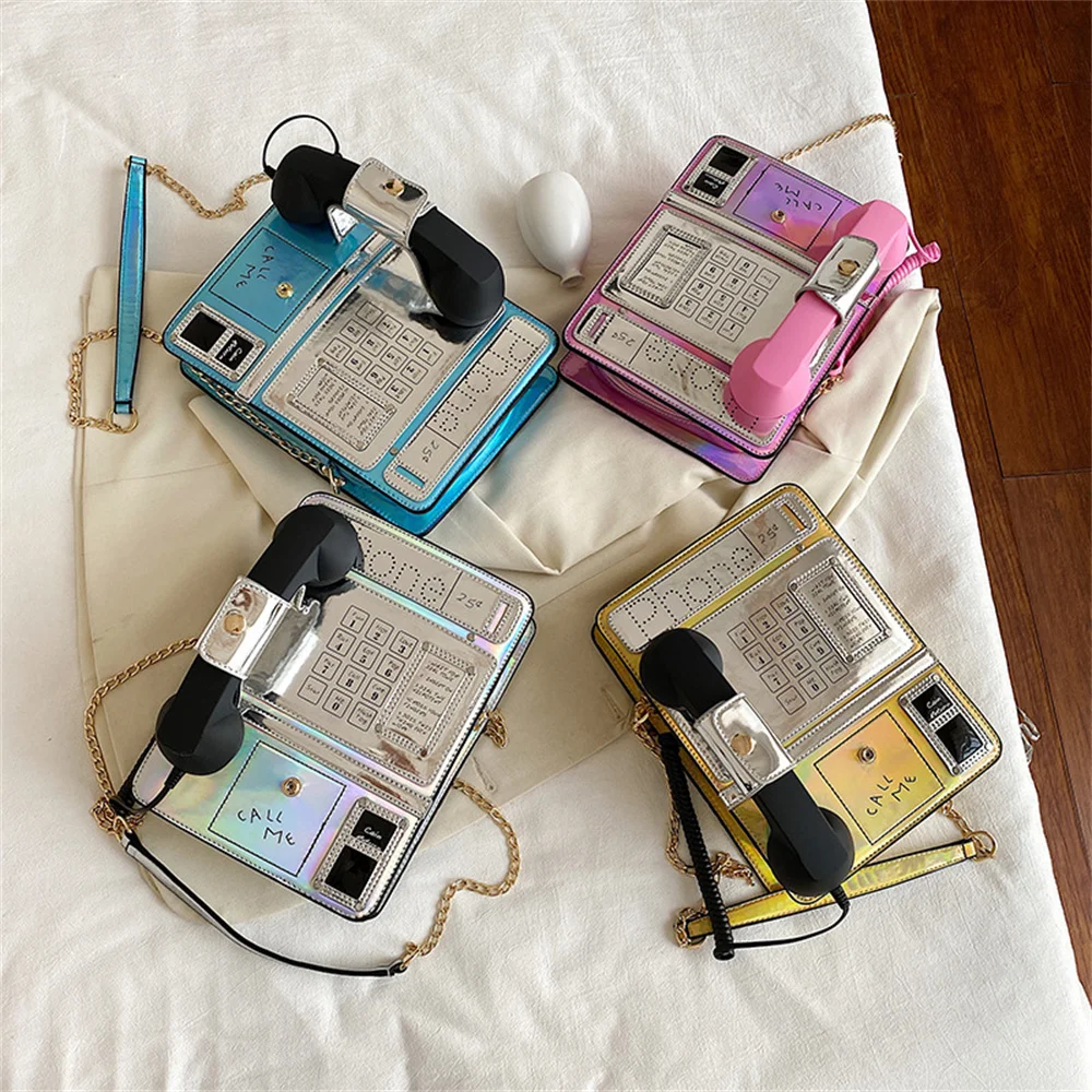 New European and American fashion creative funny personality laser simulation public phone alphanumeric women's bag
New European and American fashion creative funny personality laser simulation public phone alphanumeric women's bag