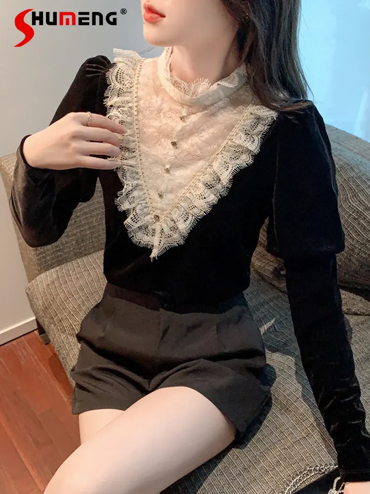 Loose Velvet Padded Thickened Ruffled Top Women's Autumn and Winter Long Sleeve Lace Black Bottoming Shirt 2022 Pleuche Shirts
Loose Velvet Padded Thickened Ruffled Top Women's Autumn and Winter Long Sleeve Lace Black Bottoming Shirt 2022 Pleuche Shirts