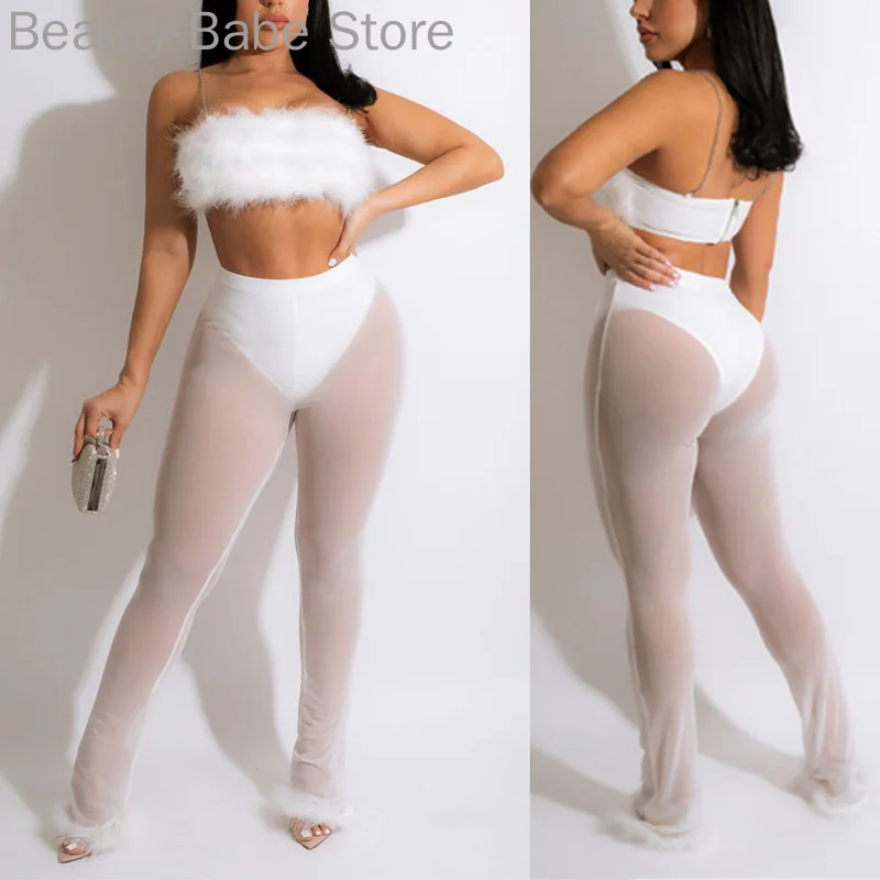 Women Sexy Solid Color Feather Decor Top and High Waist Sheer Mesh Pants 2pcs Set
Women Sexy Solid Color Feather Decor Top and High Waist Sheer Mesh Pants 2pcs Set
