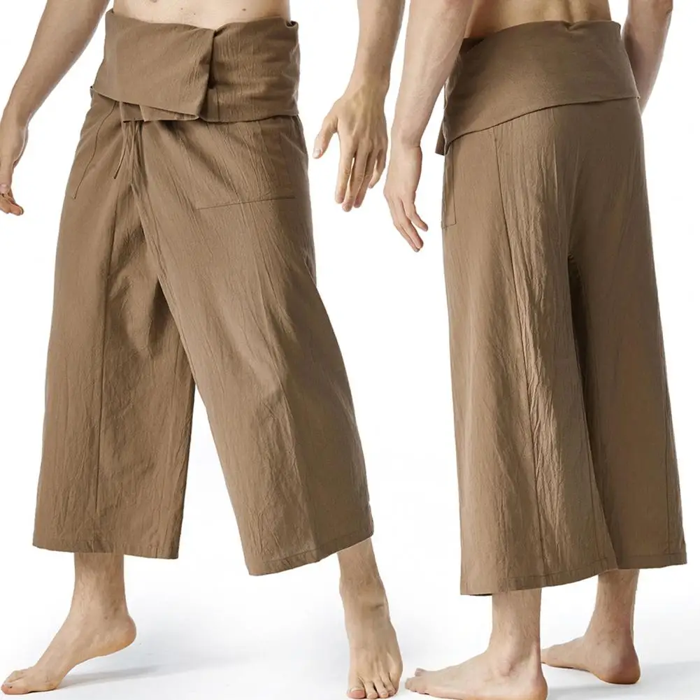 

Men Thai Fisherman Pants Summer Solid Color Drawstring Wide Legs Pockets Menswear Flax Casual Loose Men Casual Haren Trousers