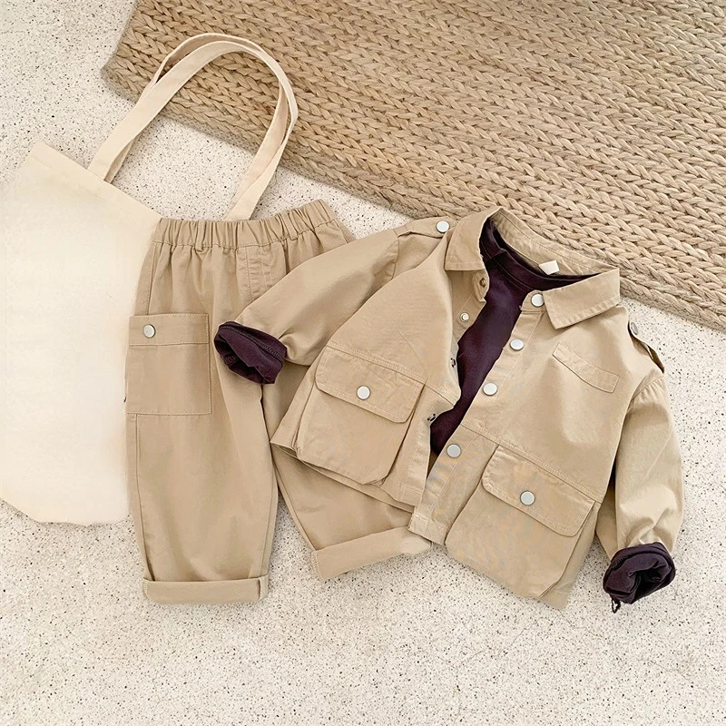 Детский комплект для мальчиков, однотонное пальто с длинным рукавом и лацканами на пуговицах + брюки, костюмы, детская одежда 
Детский комплект для мальчиков, однотонное пальто с длинным рукавом и лацканами на пуговицах + брюки, костюмы, детская одежда