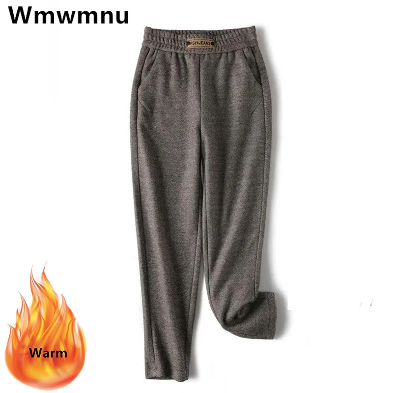 

Women's Winter Add Velvet Woolen Pants High Waist Thicken Baggy Pantalon Warm Wool Blend Harem Trouser Korean Straight Sweatpant