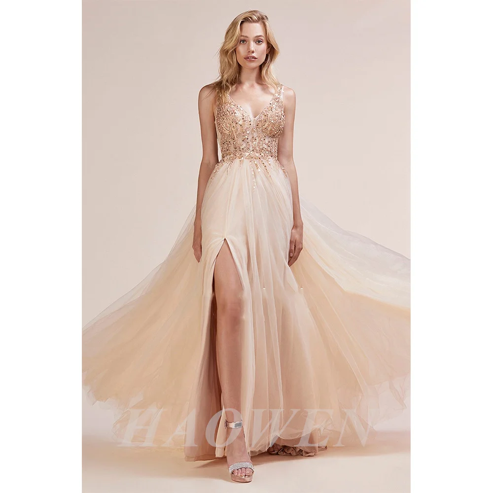 HAOWEN Sexy Trickle Bead Tulle Evening Dresses Illusion V-neck Bodice With Spaghetti Straps Split Vestidos De Fiesta
HAOWEN Sexy Trickle Bead Tulle Evening Dresses Illusion V-neck Bodice With Spaghetti Straps Split Vestidos De Fiesta