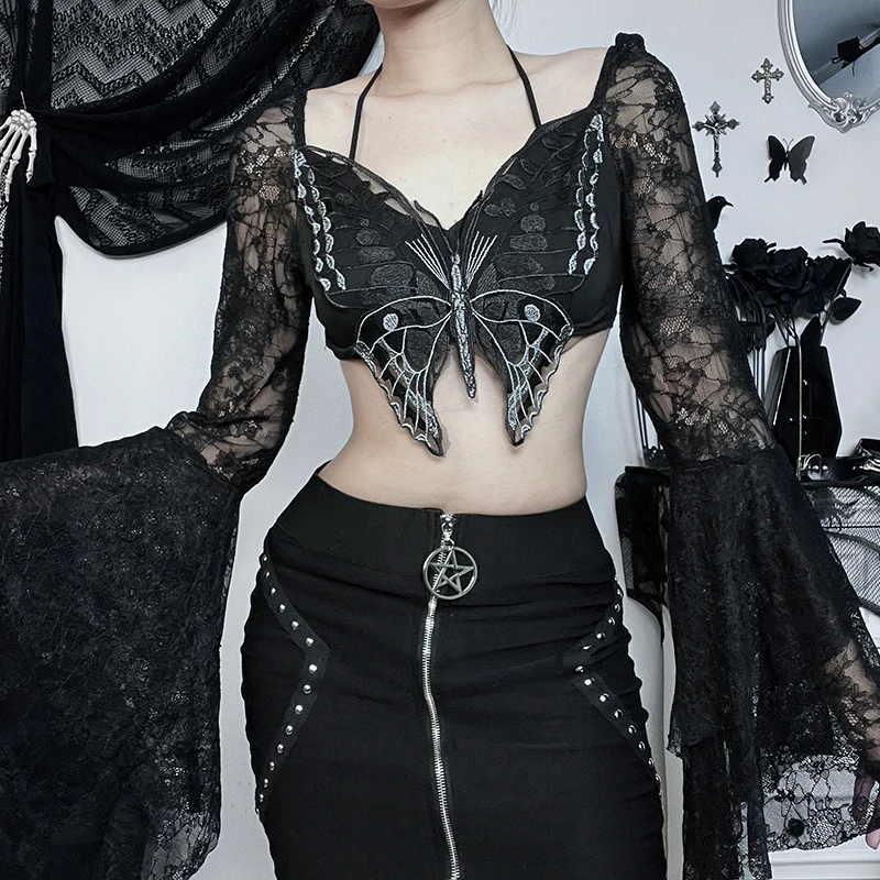 Goth Fairycore Butterfly Sexy Lace Crop Tops Mall Gothic Grunge Flare Sleeve Sheer T-shirts Women Tie Up Skinny Alt Blouses
Goth Fairycore Butterfly Sexy Lace Crop Tops Mall Gothic Grunge Flare Sleeve Sheer T-shirts Women Tie Up Skinny Alt Blouses