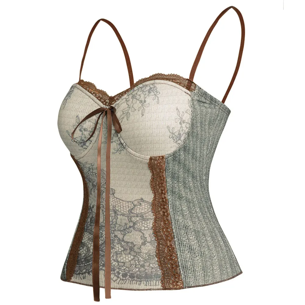 

Dressfo Flower Print Women's Tops Summer Spaghetti Strap Tie Knot Lace Trim Padded Vintage Tank Top For Female Sleeveless Vest