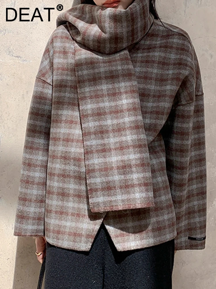 

Женское шерстяное пальто с шарфом DEAT, свободное асимметричное однобортное клетчатое короткое пальто с V-образным вырезом, модель 17A4850 на зим...