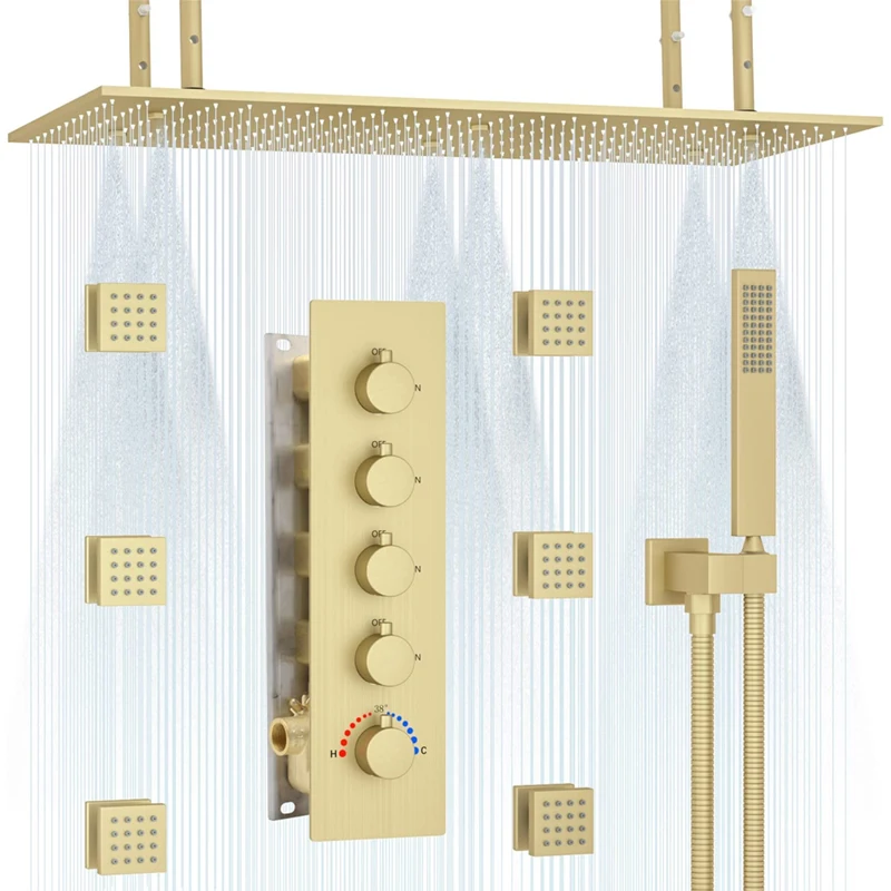 HOMEDEC Brushed Gold Ceiling mounted Large Rainfall Mist Thermostatic Bathroom brass Shower mixer System set
HOMEDEC Brushed Gold Ceiling mounted Large Rainfall Mist Thermostatic Bathroom brass Shower mixer System set