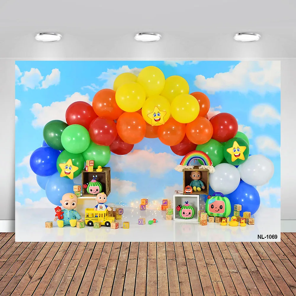 

Красочные воздушные шары Коко Дети Семья Дыня фотография фоны детский день рождения торт разбивать Фотофон Фотостудия