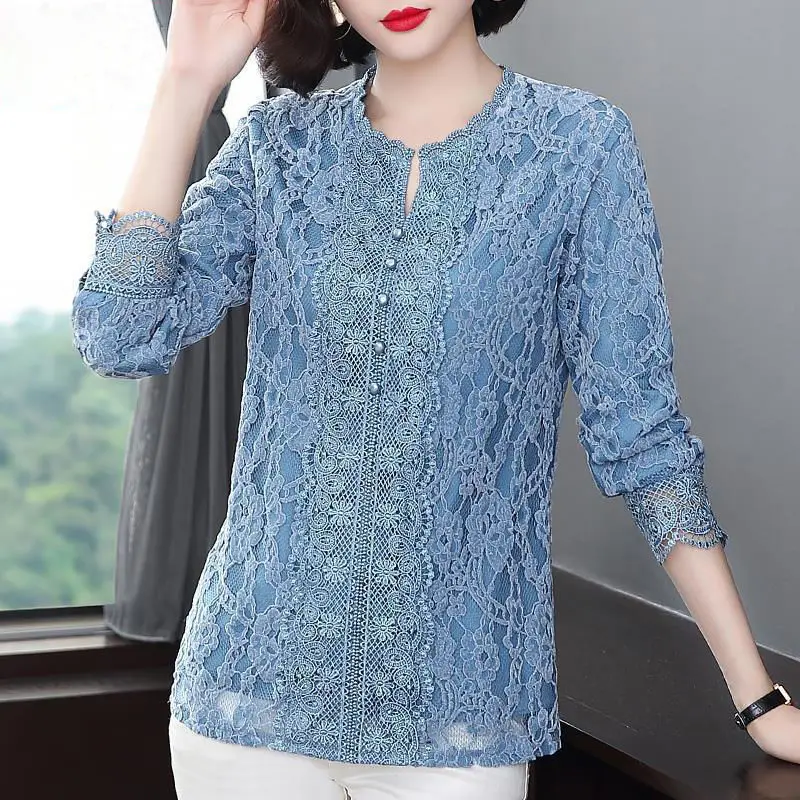 Lace Top Women's Hooked Bottom Long Sleeve Korean Crew Neck Hollow Out Splicing Autumn Loose Embroider Pullover Blue T-Shirt
Lace Top Women's Hooked Bottom Long Sleeve Korean Crew Neck Hollow Out Splicing Autumn Loose Embroider Pullover Blue T-Shirt