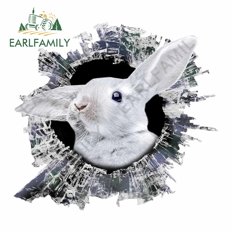 

EARLFAMILY 13cm x 11.9cm 3D Broken Glass White Rabbit Window Sticker Bumper Truck Decor Rear Windshield Crack Bunny Car Stickers