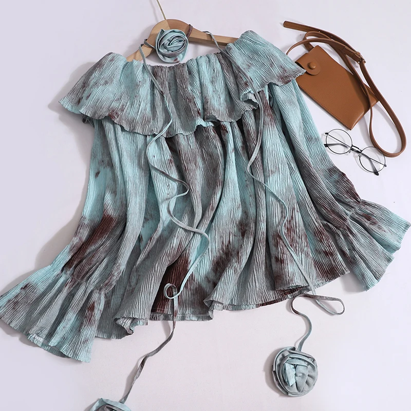 French Tie Dye Shirt Autumn Women Boat Neck Flared Sleeve Pleated Lace-up Blouse Casual Fashion Ruffle Pullover Top
French Tie Dye Shirt Autumn Women Boat Neck Flared Sleeve Pleated Lace-up Blouse Casual Fashion Ruffle Pullover Top