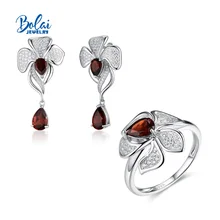Gorgeous flower design Natural garnet paired with white Zircon Ladies Ring Earrings Jewelry Set 925 Silver Anniversary Gift