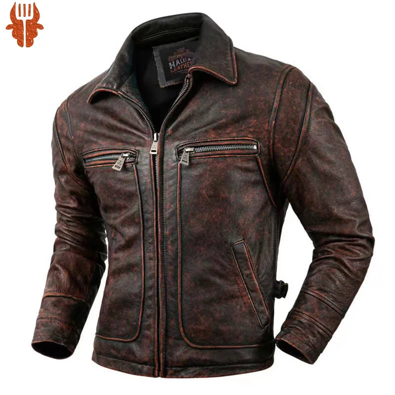 Fashion dovetail men's retro distressed lapel slim leather jacket 100% genuine leather reddish brown high quality jacket
Fashion dovetail men's retro distressed lapel slim leather jacket 100% genuine leather reddish brown high quality jacket