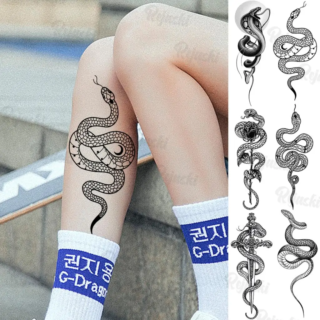 

Черная змея, временные татуировки для женщин и девушек, реалистичные татуировки со змеей, мемем, роза, цветок, имитация искусственных фотоэл...
