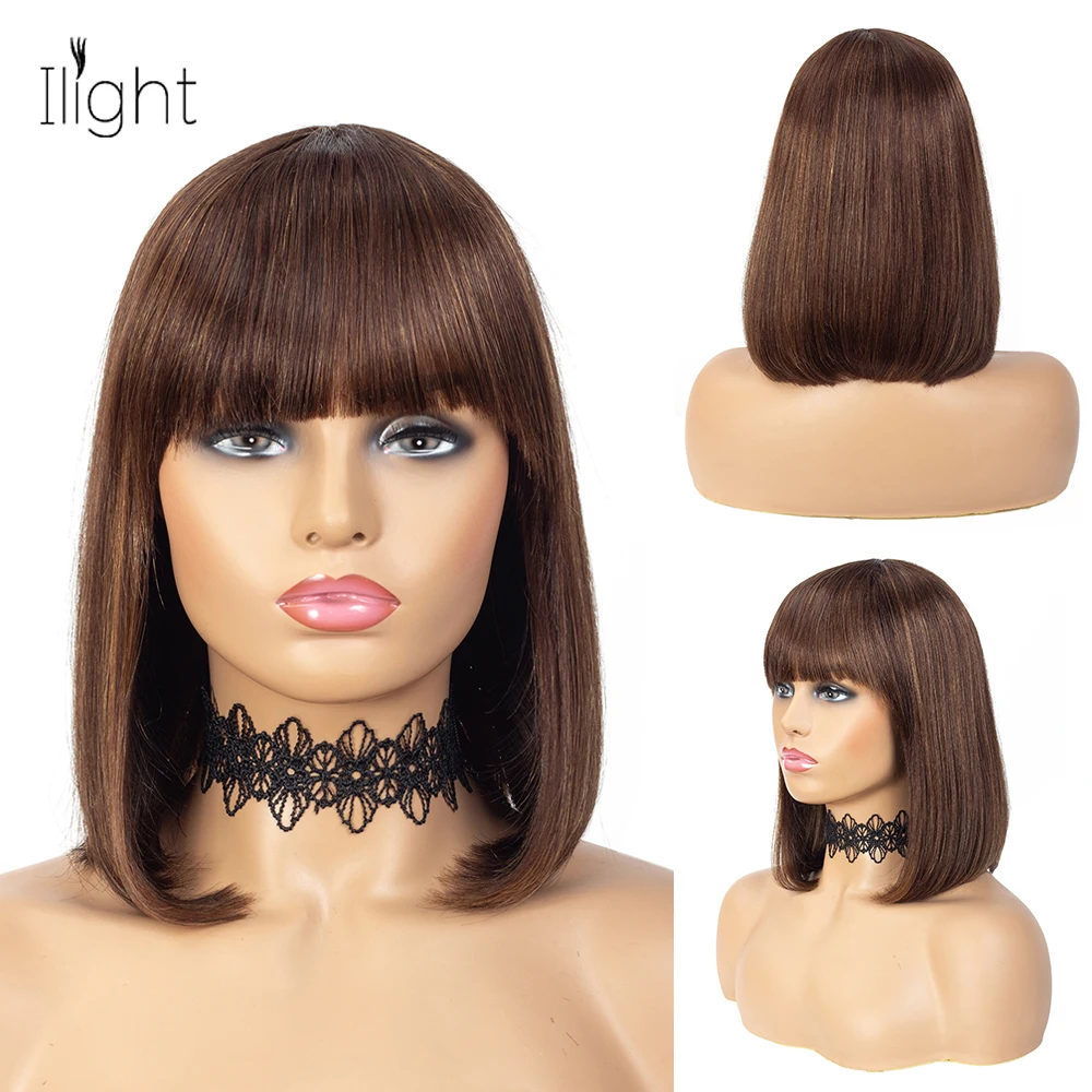 

Short Human Hair Wig with Fringe for Women Straight Remy Hair Bob Wigs With Bangs Dark Brown Balayage Highlight Ombre Color