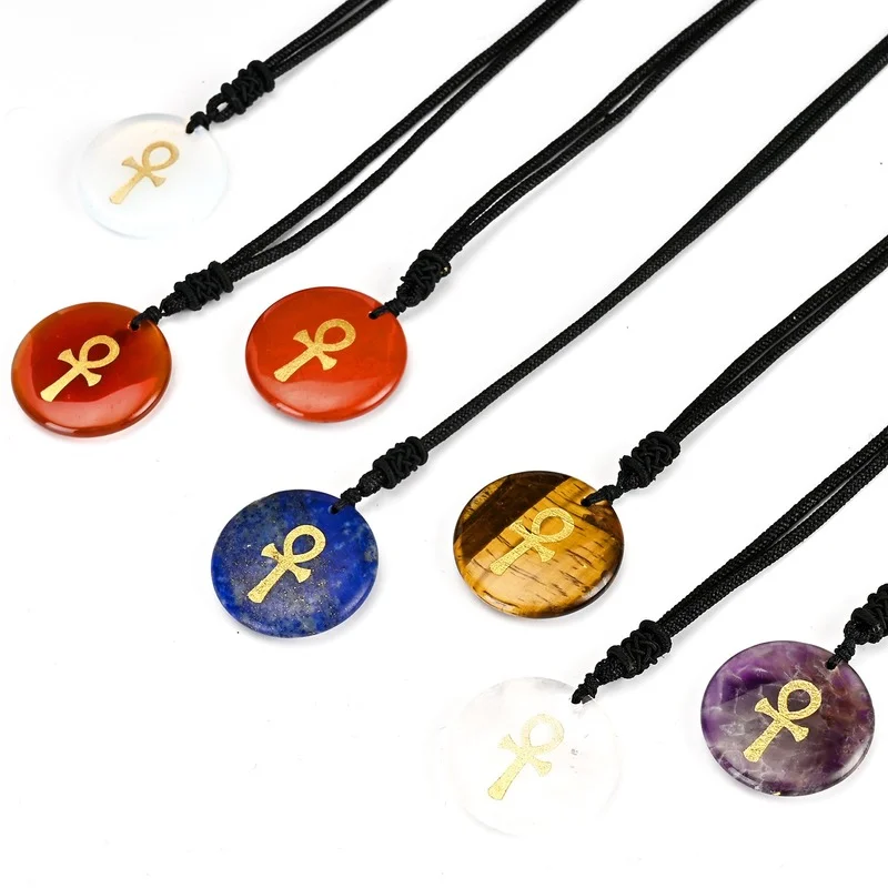 

Natural Gems Pendant Healing Crystal Reiki Stone Chakra Round Engraved Symbol of Life Ankh Cross Religious Necklace for Women