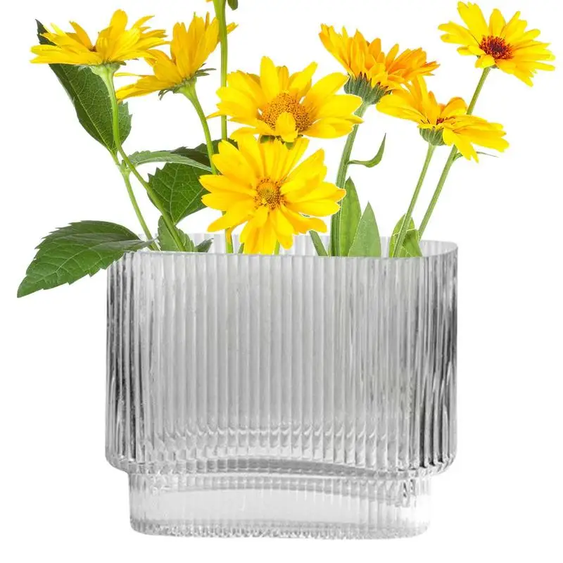 

Glass Vase Wide Mouth Transparent Vases For Plant Bottle Flower Pot Luxury Room Table Ribbed Floral Vases Home Decor Wedding