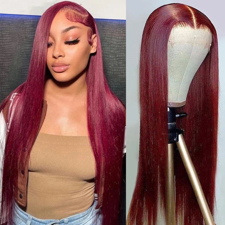 

99j Burgundy Colored 13x4 Lace Front Human Hair Wigs Raw Indian Silky Straight HD Lace Frontal Human Hair Wigs For Black Women