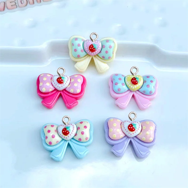 

10Pcs Cute Strawberry Bow Tie Resin Charms Girls Sweet Earrings Necklace Jewelry Pendants Kawaii Key Chain Phone DIY Accessories