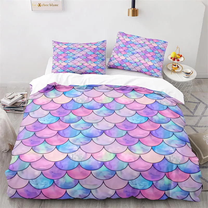 

Colorful Fish Scales Bedding Set Twin King For Kids Girl Blue Pink Mermaid Skin Surface Print Duvet Cover Polyester Quilt Cover