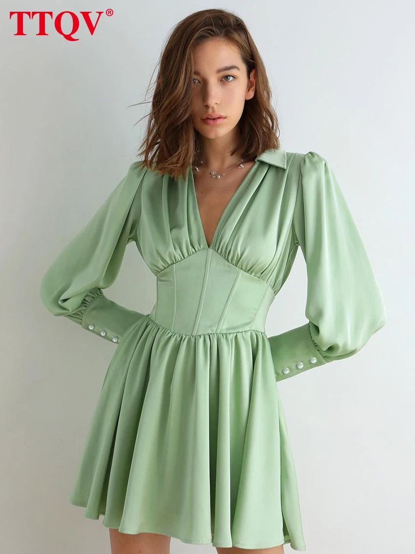 TTQV Fashion Green Lapel Womens Dresses Casual Long Sleeve High Waisted Solid Dresses Elegant Pleated Mini Dress Female Clothing
TTQV Fashion Green Lapel Womens Dresses Casual Long Sleeve High Waisted Solid Dresses Elegant Pleated Mini Dress Female Clothing