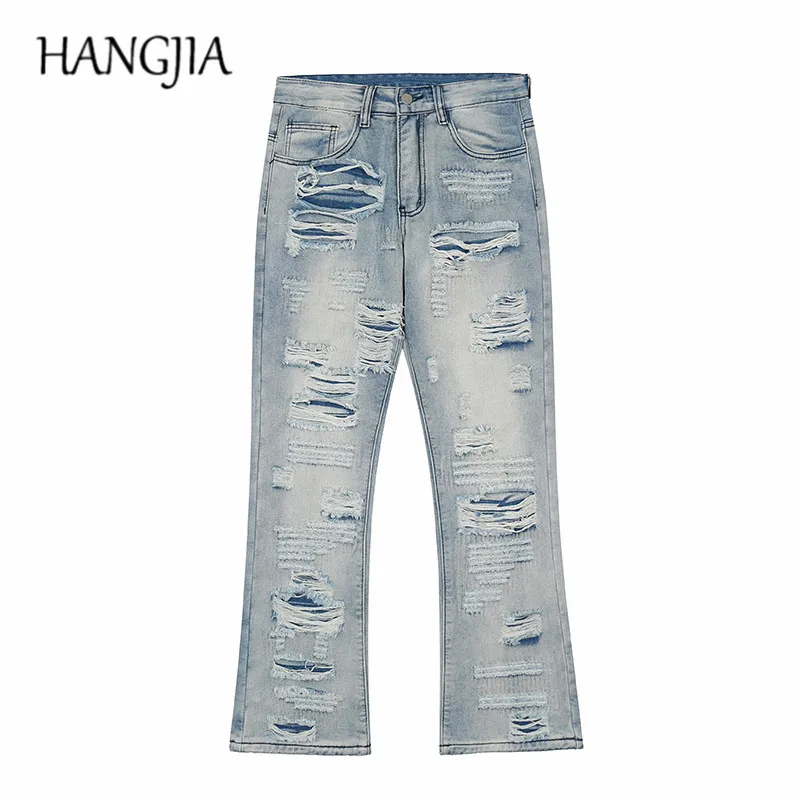 

Рваные расклешенные джинсы в стиле хип-хоп, уличная одежда, байкерские сшитые потертые джинсы с вышивкой, расклешенные брюки из денима с дыр...