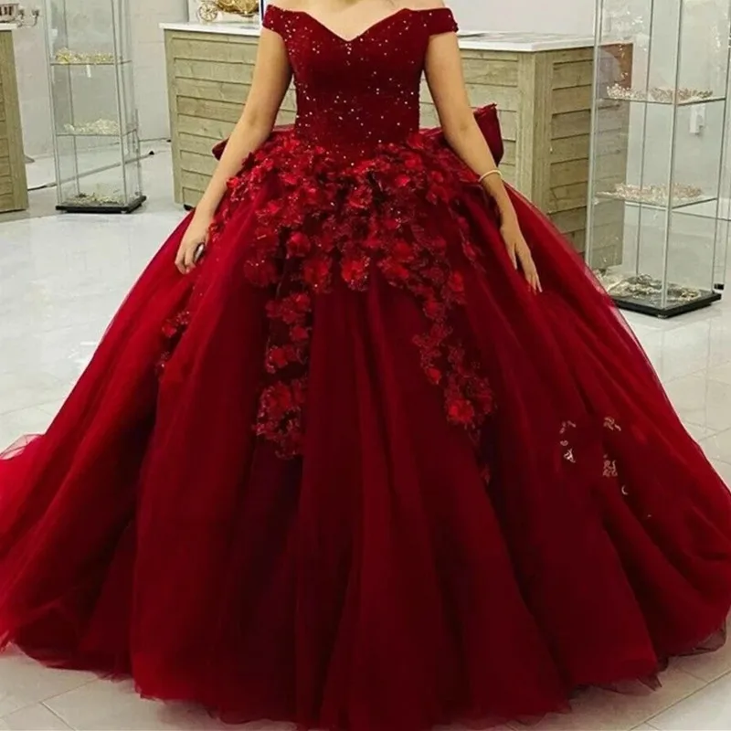 

Красное милое платье принцессы Quinceanera с открытыми плечами, милые 15 вечерние бальные платья с кристаллами