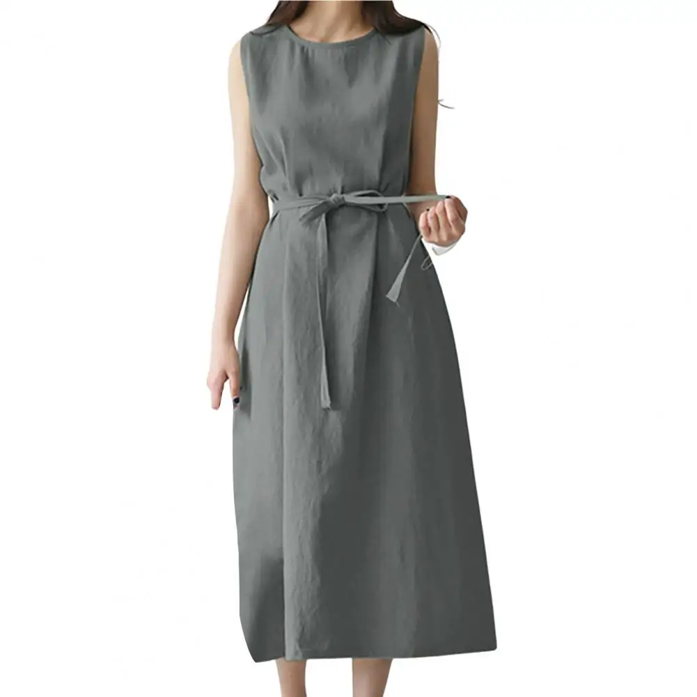 

Summer Loose Dress Round Neck Tight Waist with Belt Sleeveless Dress-up Bohemia Women A-line Dress