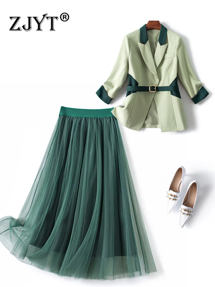 Женский офисный костюм из двух предметов, элегантный деловой костюм из блейзера с рукавом три четверти и сетчатой юбки, Весенний костюм 
Женский офисный костюм из двух предметов, элегантный деловой костюм из блейзера с рукавом три четверти и сетчатой юбки, Весенний костюм